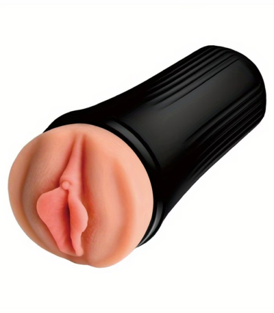 Sleek compact pocket male masturbator crafted from flesh-toned soft silicone displaying a detailed realistic internal texture on a minimalist background.