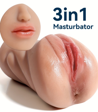 Heavy-duty flesh-toned TPE male pocket stroker displaying a realistic contoured outer body with dual channel entries on a luxury satin sheet.