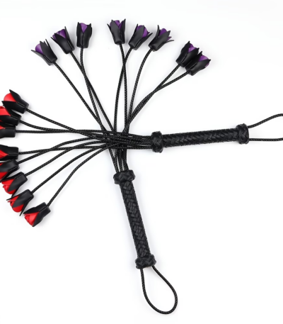 Hand-woven black PU leather riding crop with rose petal shaped slapper for couples intimate training.