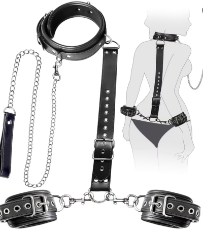 Black adjustable neck collar connected to wrist restraint cuffs by a polished metal traction chain with soft fabric lining displayed for an intimate couple look.