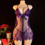 Purple Lace Babydoll Lingerie with Bow & Panty