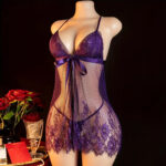 Purple Lace Babydoll Lingerie with Bow & Panty - Image 2