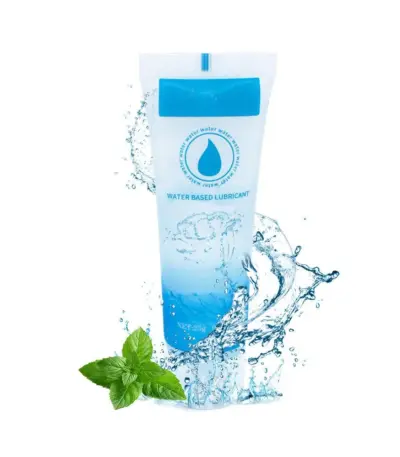 Blue gradient 25g mint water-based lubricant tube with fresh mint leaves and clear water splash decoration