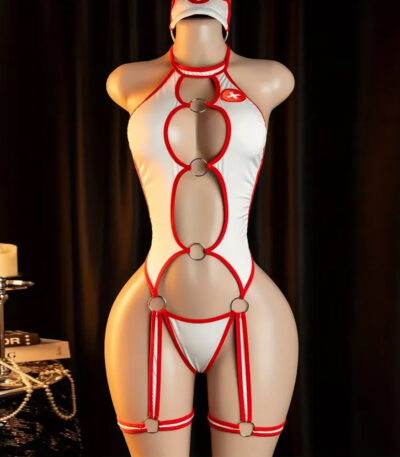 White red trim nurse role play bodysuit with metal ring cutouts thigh garters and matching nurse cap for intimate cosplay wear