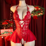 Red Lace Halter Teddy Lingerie for Valentine Date