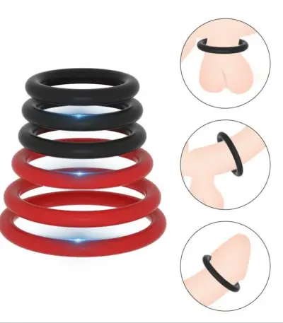 Red and black 6-piece multi-size stretch silicone cock ring set for men progressive training and couple intimate use