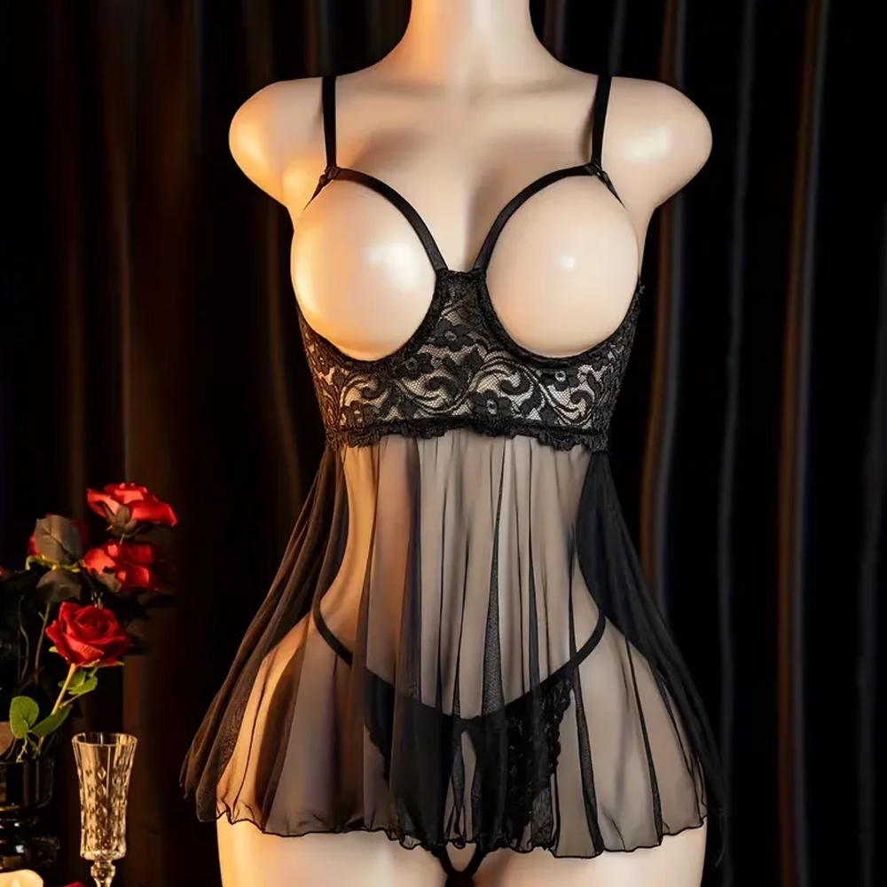 S Allure Lace Patchwork Cami Nightdress & Thong Set - Image 1