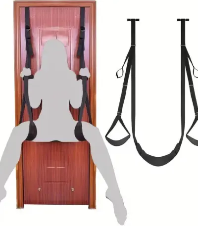 Black padded over-door intimate swing with adjustable nylon straps and leg supports for couple indoor use