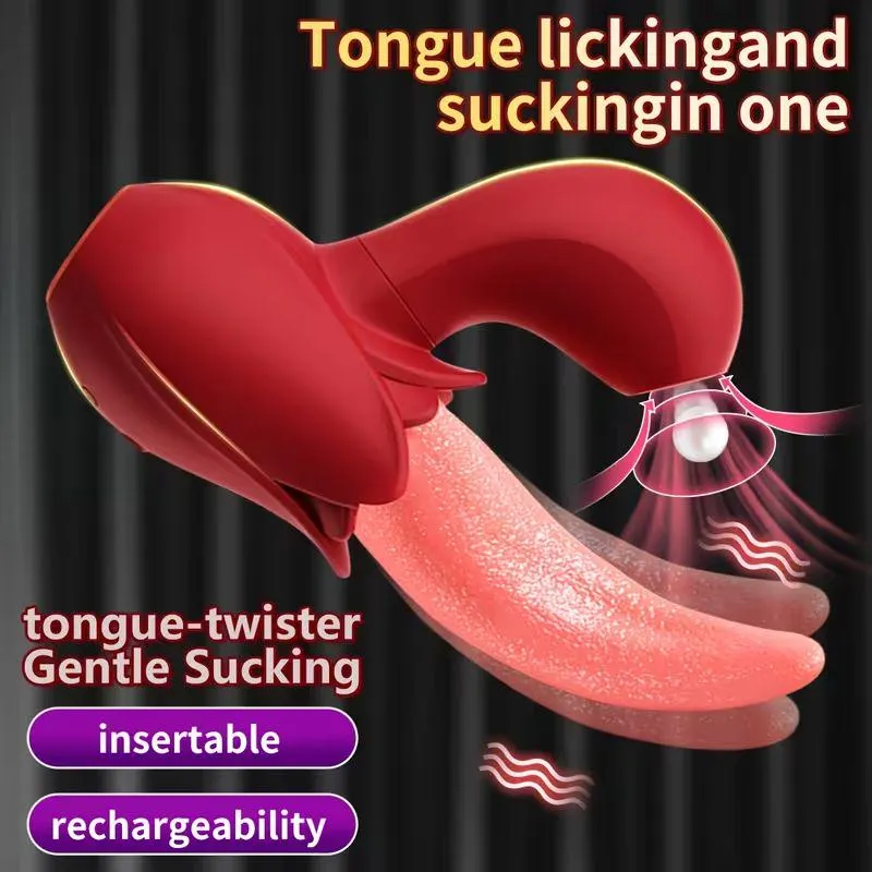 Soft silicone 4-in-1 rose shaped intimate toy with rotating tongue, swing vibration and clitoral suction function