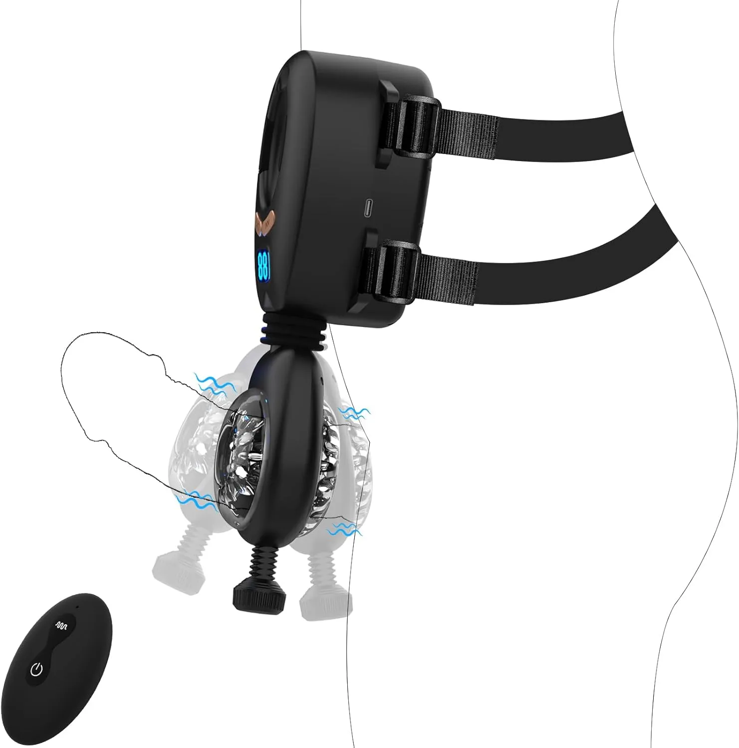 Hands-free wearable auto male stroker with adjustable belt, LCD control panel and soft 3D textured silicone inner sleeve for private use