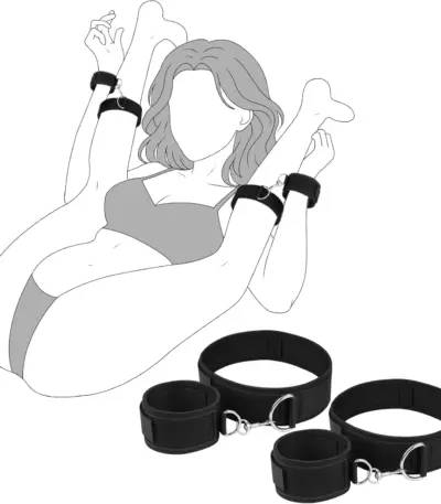 Black adjustable cotton bondage straps with Velcro closure for wrist and thigh restraint positioning.