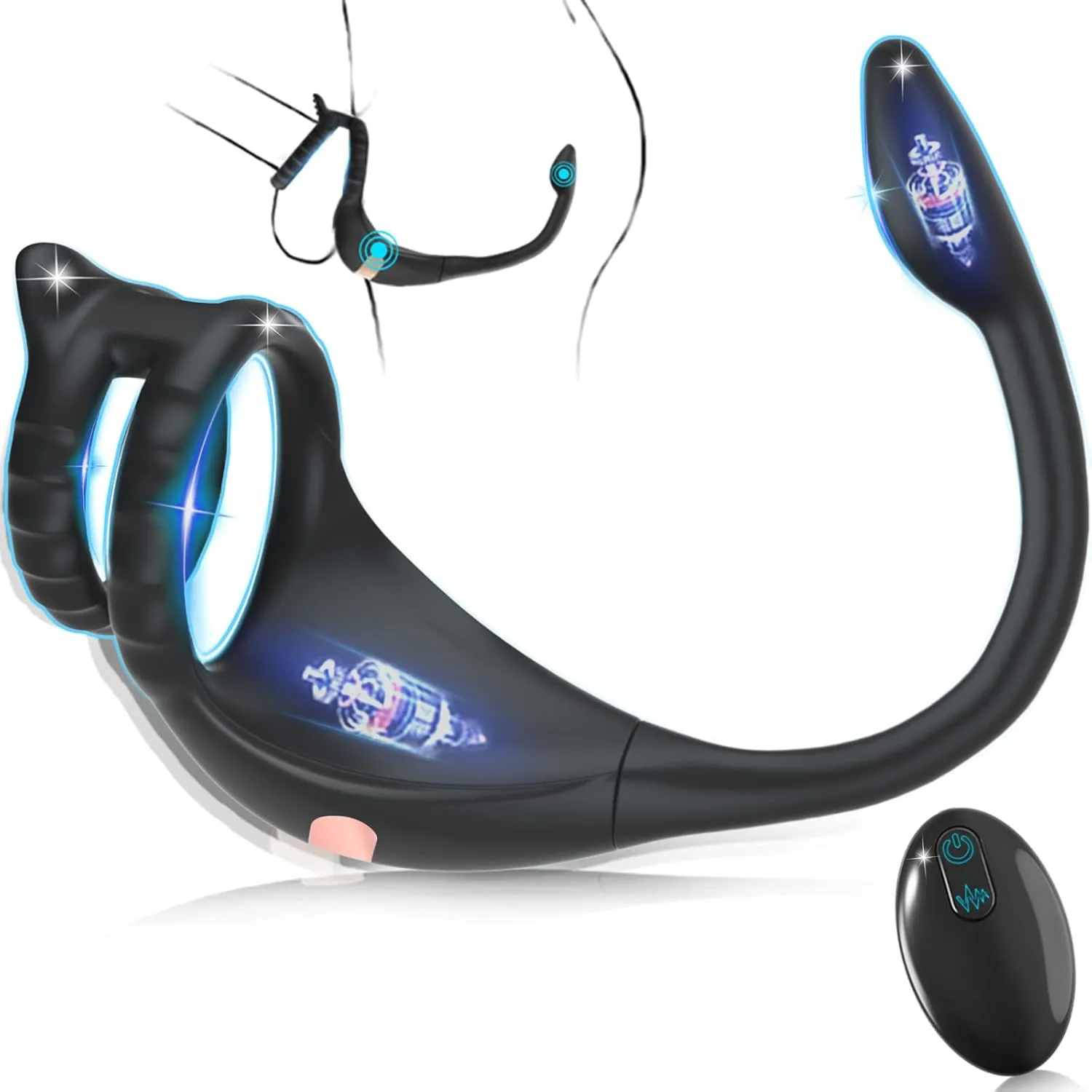 Soft silicone remote control dual vibration cock ring and tapered prostate bullet plug set for solo and couples bedroom play
