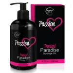 Amber glass bottle of natural sensual massage oil on a wooden table for aromatherapy couples massage.