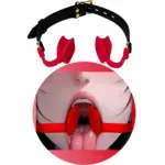 Invisible silicone wedge mouth gag with adjustable black PU leather head strap shown on a dark background for adult bondage play.