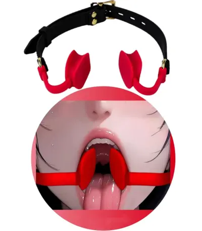 Invisible silicone wedge mouth gag with adjustable black PU leather head strap shown on a dark background for adult bondage play.