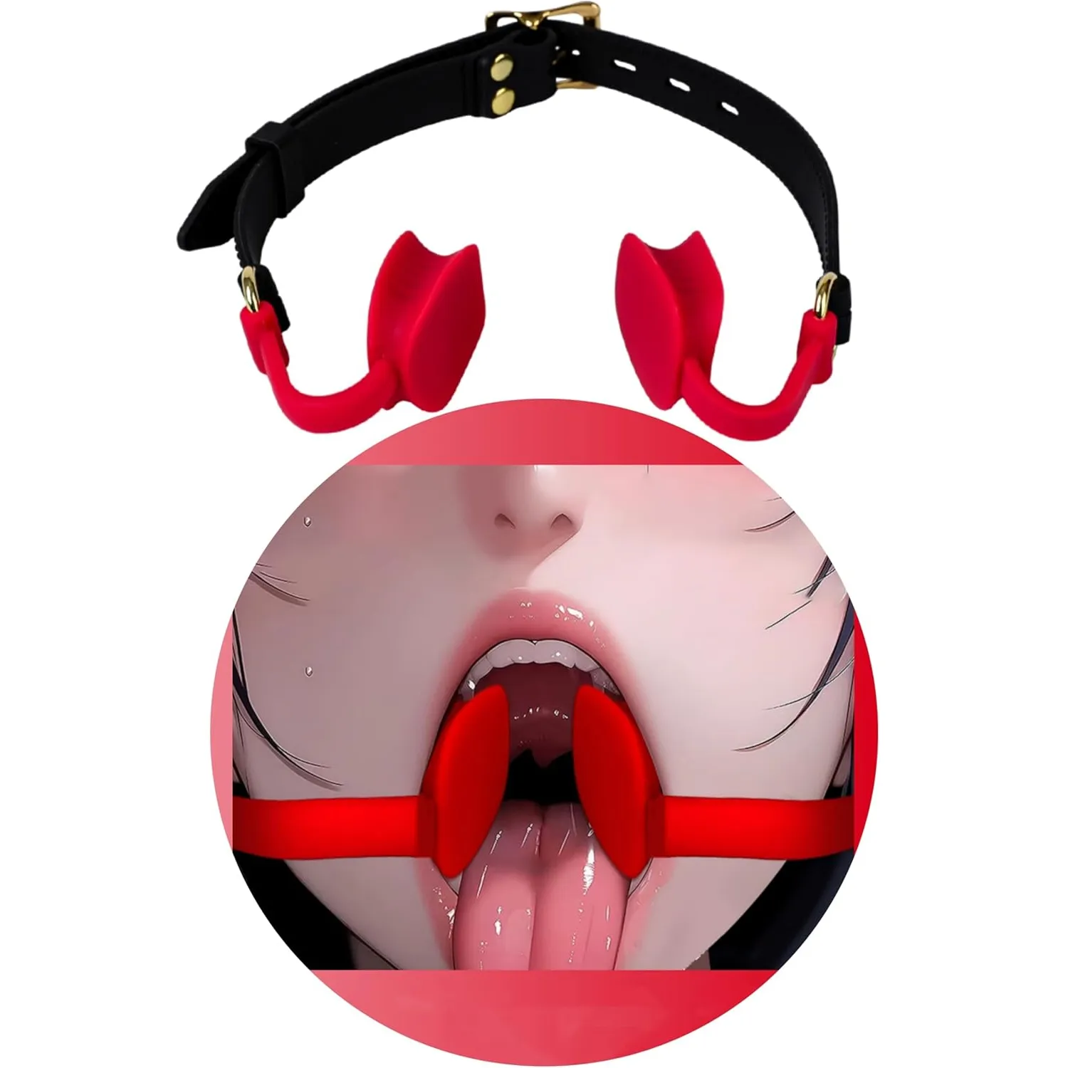 Red Silicone O-Ring Gag with Leather Strap Invisible silicone wedge mouth gag with adjustable black PU leather head strap shown on a dark background for adult bondage play.